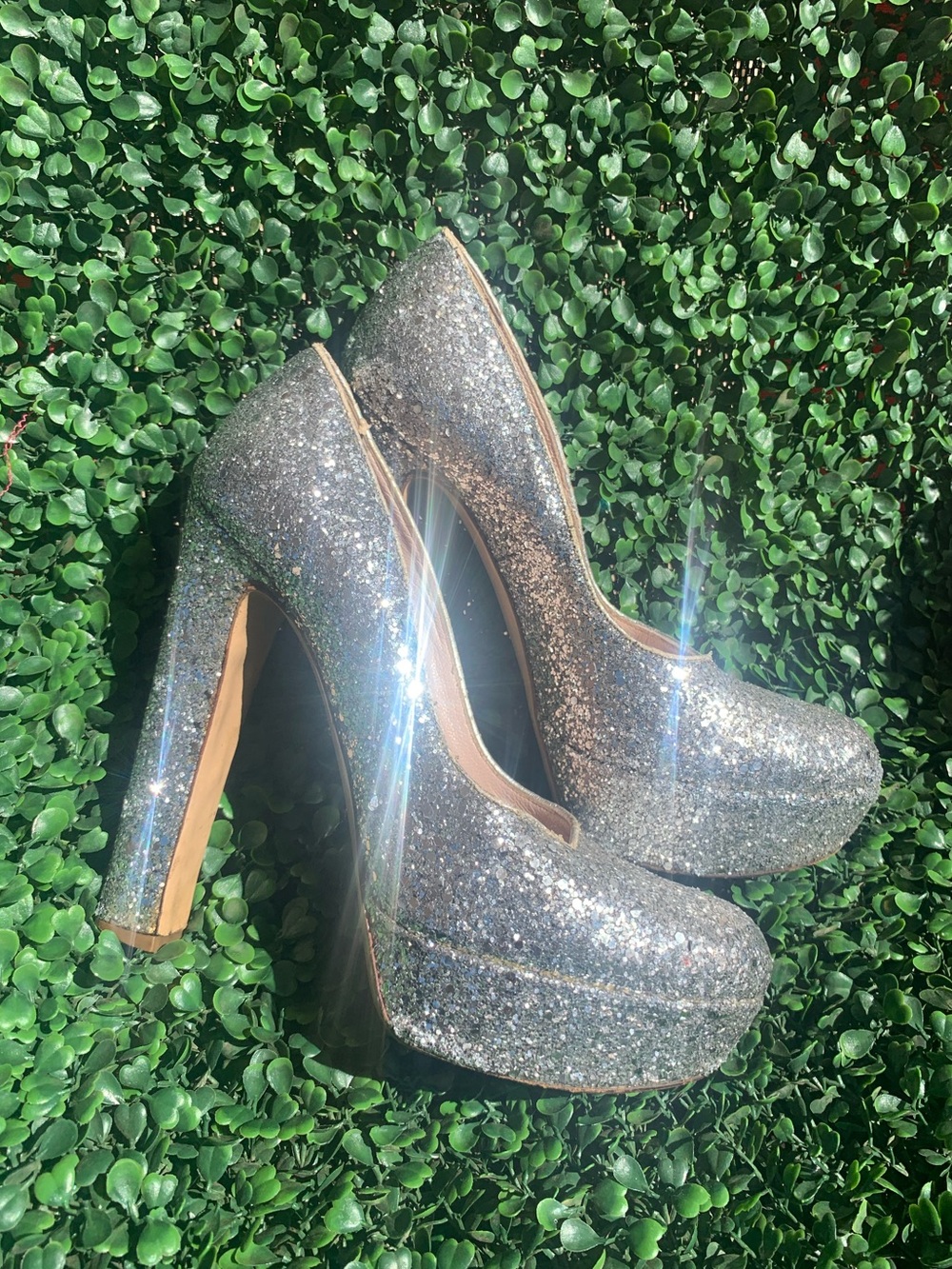 Refurbished Miu Miu silver glitter platform high chunky heels Sz 37 w/ 5” heel